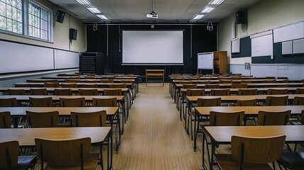 Empty Modern Classroom In the School Interior, Back to School Concept Book, Chair, table 3D Render.