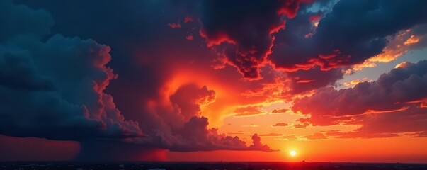 Fototapeta premium Fiery sunset, dark storm clouds brewing Dramatic sky , red, landscape