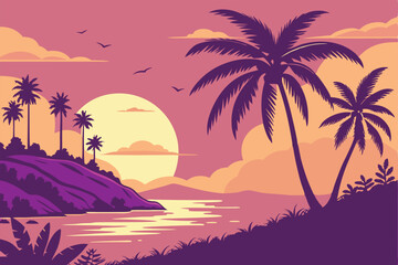 16 Tropical sunset, vibrant color palette, silhouetted palm trees, large sun on horizon, gradient sky, purple to orange, calm ocean reflections, tropical island landscape, vector art style, smooth gra