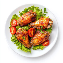 Plate of four glazed chicken wings with lettuce and sliced tomatoes on white plate