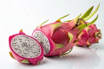 Pink dragon fruit isolated on white surface. A striking pink dragon fruit isolated on white, showcasing its unique shape and bright color, perfect for exotic fruit and healthy food imagery