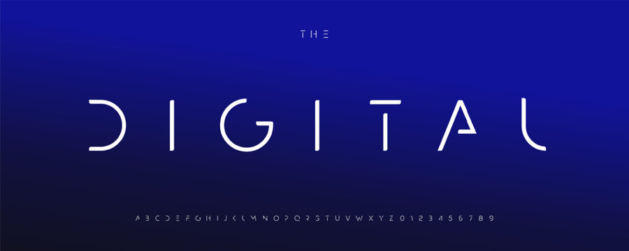 Digital sci-fi font, futuristic techno letters, minimalist sleek typeface with geometric shapes, cyber display alphabet for innovative branding, next-gen UI headlines and logo. Vector typeset.