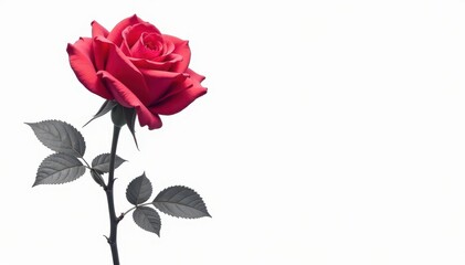 Single rose, stem, leaves, black & white line art, drawing, prickly, flower