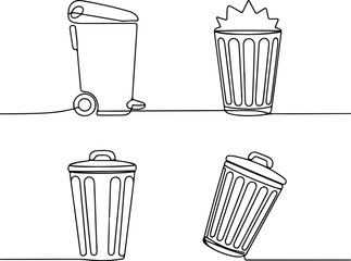 Trash Can One Line Drawing | Minimal Silhouette Vector Set Continuous Line Trash Bin Silhouettes | Simple Garbage Icon Art