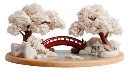 Serene miniature landscape with cherry blossom trees and a traditional red bridge over a calm water surface