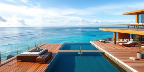 Fototapeta premium Modern beach house, expansive deck, ocean panorama, architecture, coastal living