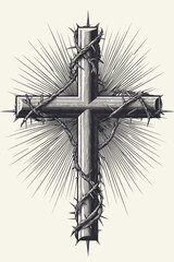 Stylized cross with intertwined vines and thorns, engraving-inspired vector art, representing resurrection and growth through suffering
