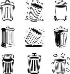 Trash Can One Line Drawing | Minimal Silhouette Vector Set Continuous Line Trash Bin Silhouettes | Simple Garbage Icon Art