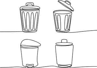 Trash Can One Line Drawing | Minimal Silhouette Vector Set Continuous Line Trash Bin Silhouettes | Simple Garbage Icon Art