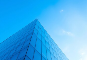 Fototapeta premium Modern blue glass office building corner against a vibrant blue sky, bottom view, facade, exterior