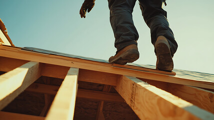 Roofer applying waterproof underlayment on a residential roof frame. Highlighting roofing preparation and protection