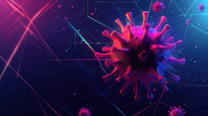 A detailed visualization of a virus in vibrant colors, set against a digital background with lines and particles, illustrating its complex structure and dynamics in a scientific context
