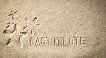 Starfish and summer writing on the sand with copy space for a product. Sandy background and beach in summer.