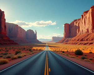 A Scenic Highway Through a Desert Valley, Mesmerizing Vistas of Red Rock Formations and a Long Road Stretching Towards Distant Horizons Under a Bright Sky