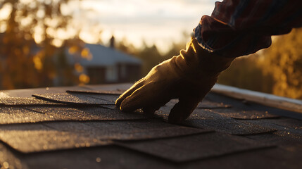 Roofer securing asphalt shingles on a rooftop at a residential construction site. Highlighting roofing craftsmanship and precision