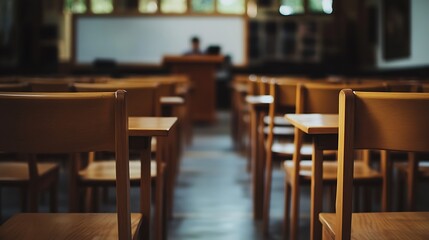 Fototapeta premium Empty Modern Classroom In the School Interior, Back to School Concept Book, Chair, table 3D Render.