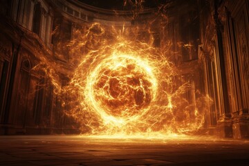 Flame sphere illuminates ancient ruins in a mystical setting