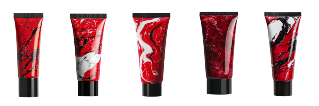 Png of Vibrant collection of five decorative tubes in red and marble patterns, showcasing modern design and bold color contrasts.