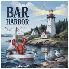 Bar Harbor Coastal Cartoon Vector
