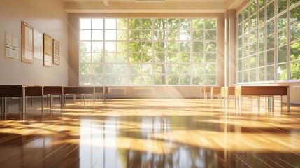 Fototapeta premium Empty Modern Classroom In the School Interior, Back to School Concept Book, Chair, table 3D Render.