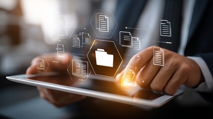 Document management system concept Businessman using tablet to transfer files via cloud Data storage and digital technology