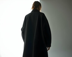 A statuesque model-like figure captured in a high-resolution stock photo showcasing elegant form and minimalist aesthetics with stark contrast