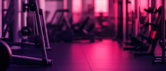 Modern gym interior with weight machines and treadmills in pink and purple neon lighting, creating a vibrant fitness atmosphere