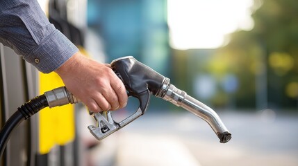 Detail shot of hand gripping fuel nozzle at service station