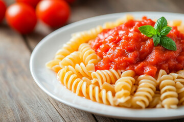 A plate of pasta topped with rich tomato sauce and fresh basil, served on a wooden table, showcasing a delightful and flavorful Italian meal.