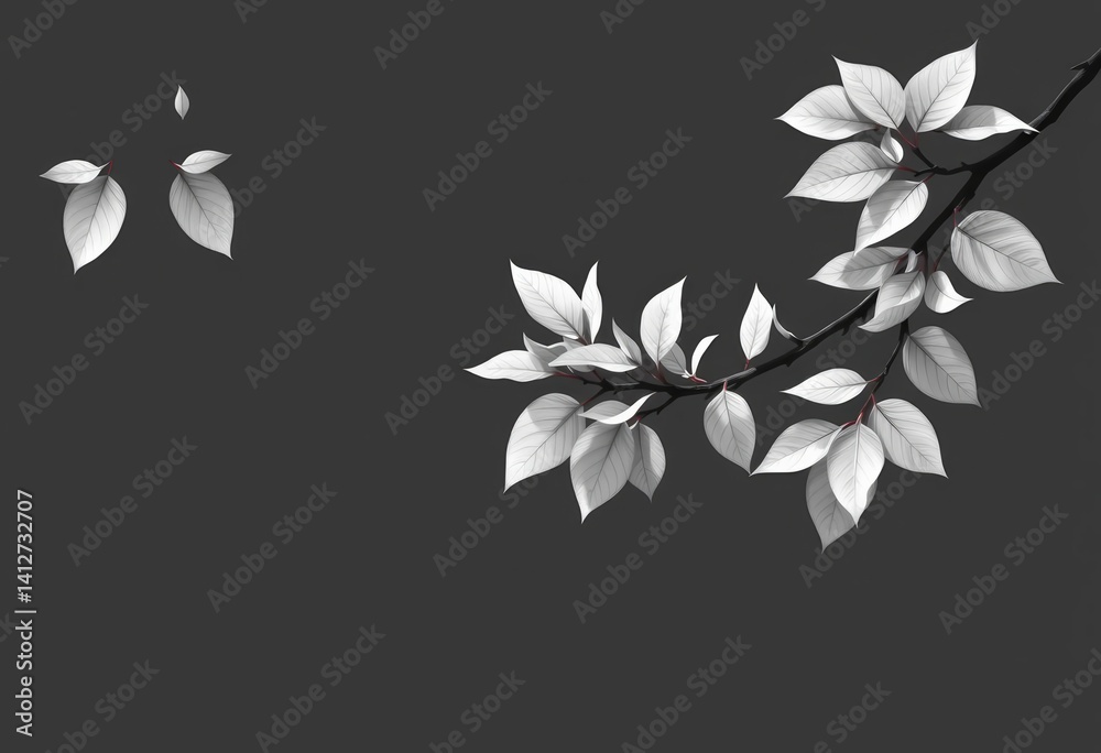 Sticker monochrome vector illustration of a summer tree branch with leaves, providing ample empty space, dec