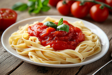 A plate of pasta topped with rich tomato sauce and fresh basil, served on a wooden table, showcasing a delightful and flavorful Italian meal.
