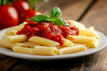 A plate of pasta topped with rich tomato sauce and fresh basil, served on a wooden table, showcasing a delightful and flavorful Italian meal.