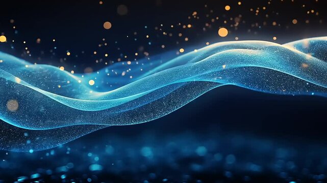 Abstract digital wave design.  Dynamic blue light curves with golden particles.  Background features a bokeh effect
