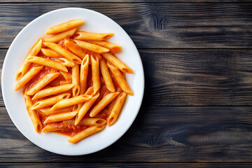 A plate of pasta topped with rich tomato sauce and fresh basil, served on a wooden table, showcasing a delightful and flavorful Italian meal.