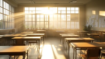 Empty Modern Classroom In the School Interior, Back to School Concept Book, Chair, table 3D Render.