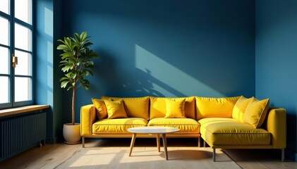 Moody blue living room nook with vibrant yellow sofa and golden accents, modern, stylish