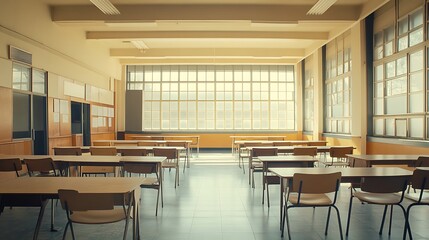 Fototapeta premium Empty Modern Classroom In the School Interior, Back to School Concept Book, Chair, table 3D Render.
