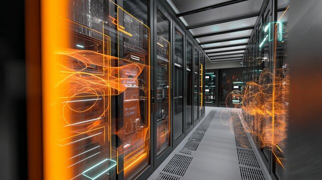 Orangelit advanced data center Rows of servers networking gear and cybersecurity holograms - Powered by Adobe