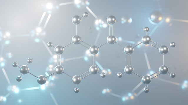 oxybenzone molecular structure, 3d model molecule, sunscreen agent structural chemical formula view from a microscope