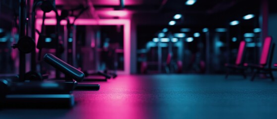 Modern gym interior with pink and blue neon lights, showcasing fitness equipment and creating a vibrant, energetic atmosphere for workout and exercise