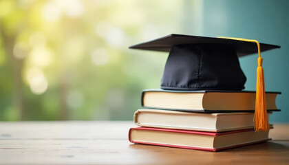 Graduation cap and books on wooden table with blur nature background. Education.