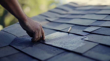 Roofing contractor applying waterproof sealant to a roof. Highlighting roof maintenance and weatherproofing