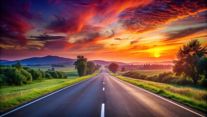 Asphalt Road Leading to a Vibrant Sunset Over Rolling Hills and Lush Green Fields