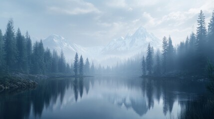 Fototapeta premium Misty Mountain Lake Winter Landscape