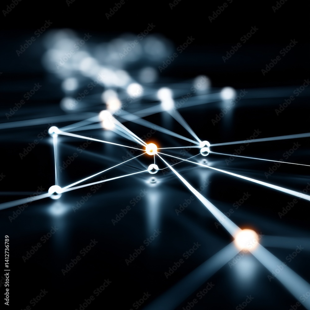 Poster Abstract Network Connection: Interlinked Spheres and Lines with a Central Glowing Node on Dark Reflective Surface