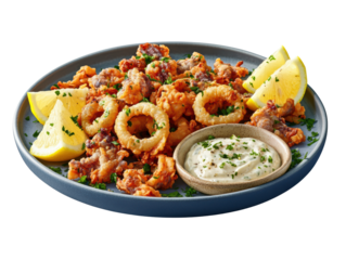 Crispy golden fried calamari with lemon wedges and creamy dipping sauce on a stylish plate