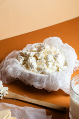 Baking Ingredients: Cottage Cheese, Flour, Milk, Eggs and Butter