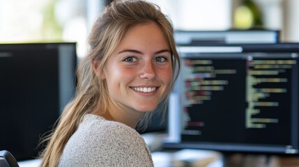 A young European female software developer smiles while coding at her computer. The modern workspace captures the essence of innovation and technology.