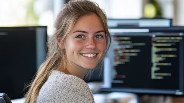 A young European female software developer smiles while coding at her computer. The modern workspace captures the essence of innovation and technology.