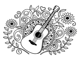 Coloring page for adult. Anti-stress and relax meditation. Guitar with black and white ornaments and stylized flowers